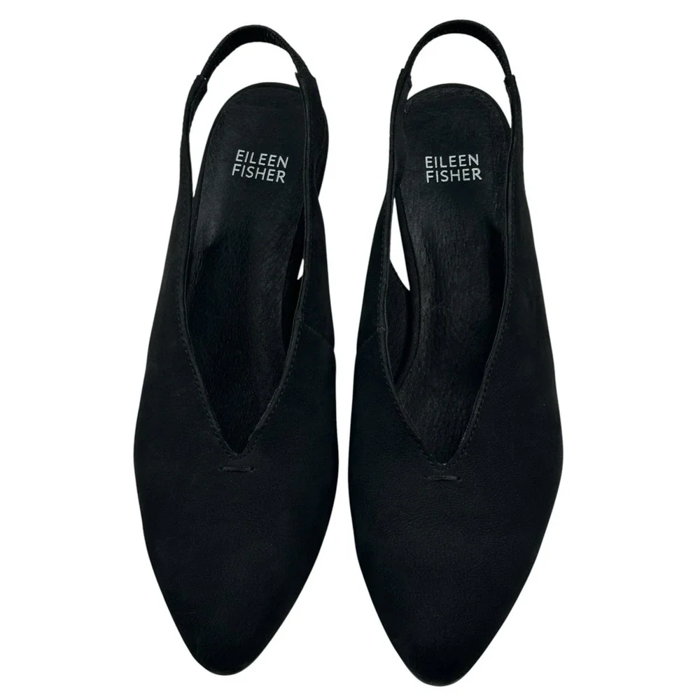 Eileen Fisher Gatwick Slingback Black Nubuck Suede Pump Heels Size 8 New $195